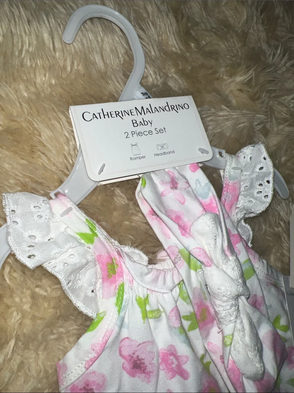 Catherine Malandrino White Romper with Pink Floral and Green Leaf Print